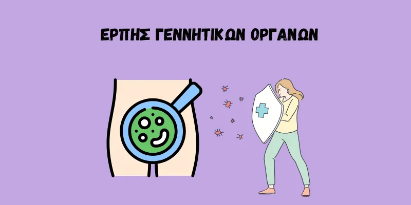 Εικόνα με τον ιό του έρπητα γεννητικών οργάνων με μεγεθυντικό φακό και μια γυναίκα που κρατάει ασπίδα.