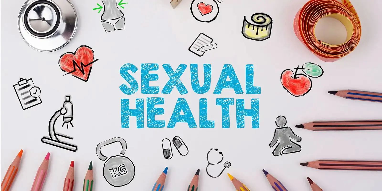Γραφική απεικόνιση με τίτλο ‘Sexual Health’ και σκίτσα ιατρικών συμβόλων όπως στηθοσκόπιο, μικροσκόπιο, χάπια και καρδιά